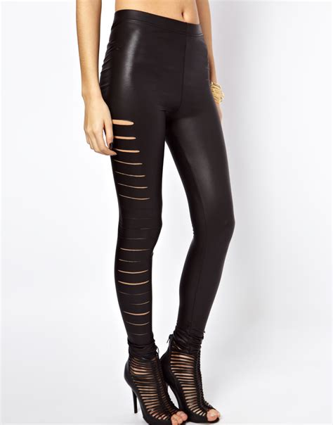 lyst asos high waist leggings in leather look with slash detail in black