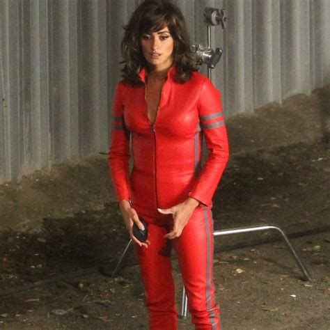 penelope cruz dons red hot leather ensemble on set of