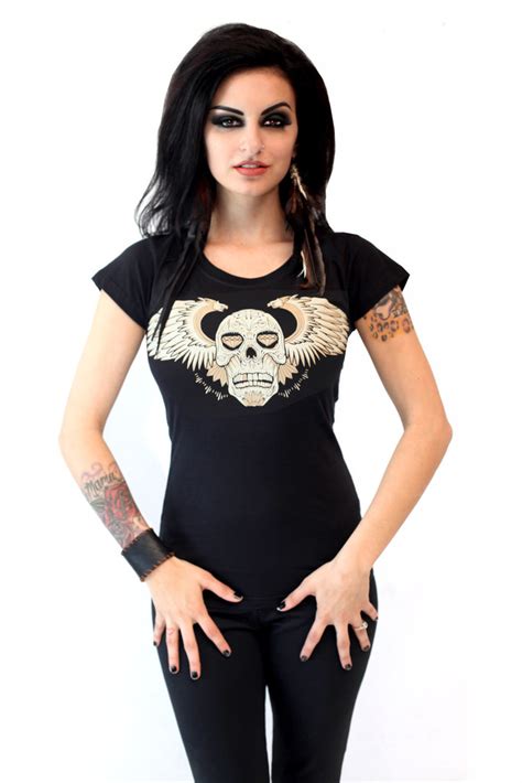 Lucky Mule Brand Winged Skull On A Black Girls Fitted Shirt Sale Price