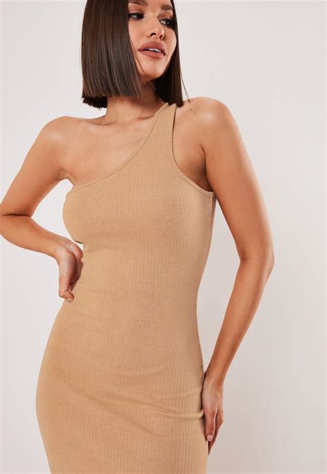 nude ribbed one shoulder bodycon midi dress missguided