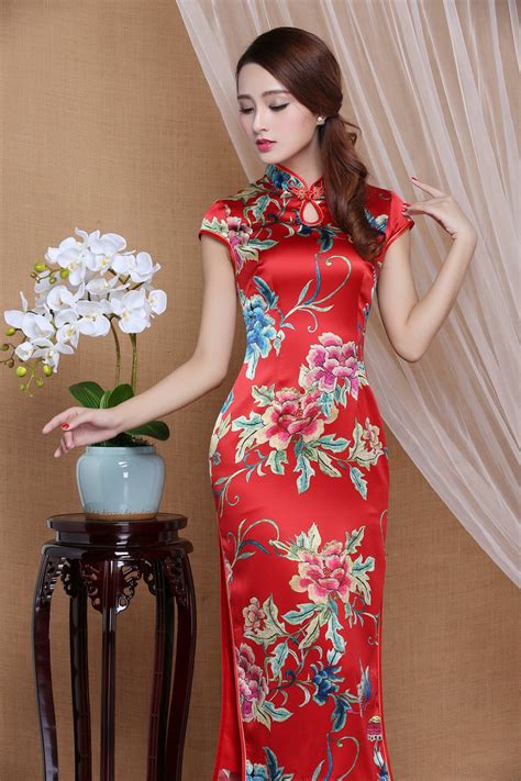 spectacular peony flowers mid calf qipao cheongsam dress red qipao