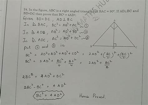 24 in the figure abc is a right angled triangle and bac 90∘ if ad⊥bc a