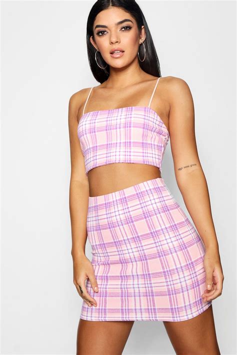 Check Strappy Crop Mini Skirt Co Ord Set Boohoo Crop