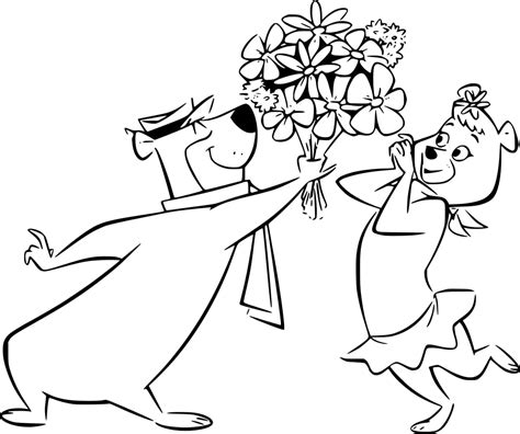 yogi bear giving cindy bear flowers coloring page  print