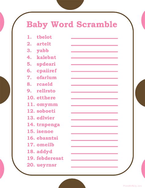 printable girls baby shower word scramble game