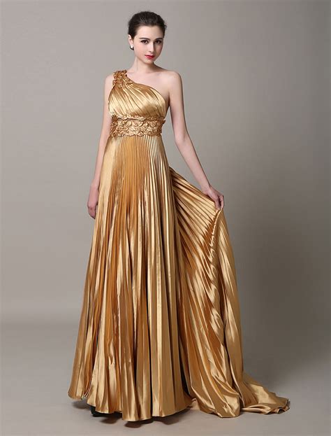 gold evening dresses  shoulder formal gowns pleated sash satin prom dress  train