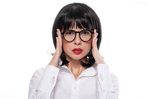 Black Haired Woman With Red Lips Wearing White Shirt Showing Emotions