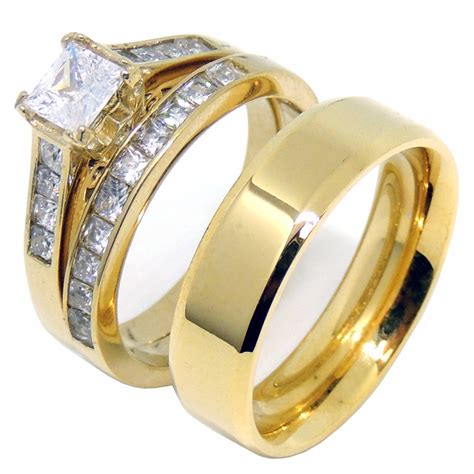 couples ring set  gold plated mm princess cz wedding ring mens gol