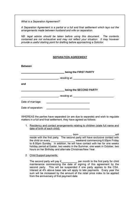 separation agreement templates separation papers