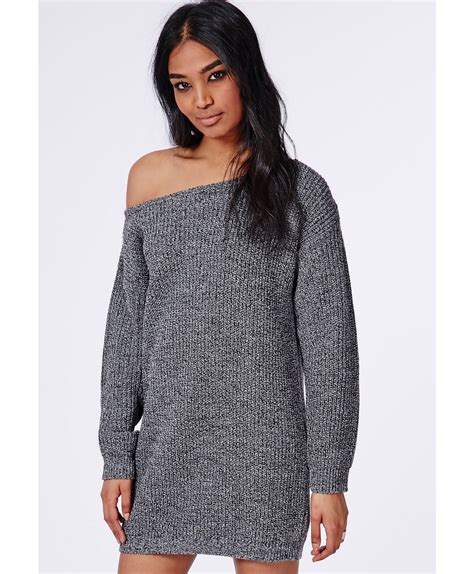 missguided ayvan off shoulder knit sweater dress grey marl in gray