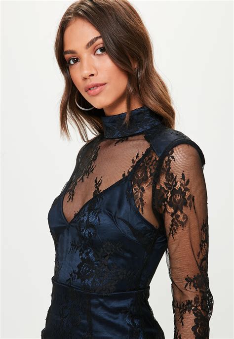 lyst missguided black lace high neck padded bodycon dress in black