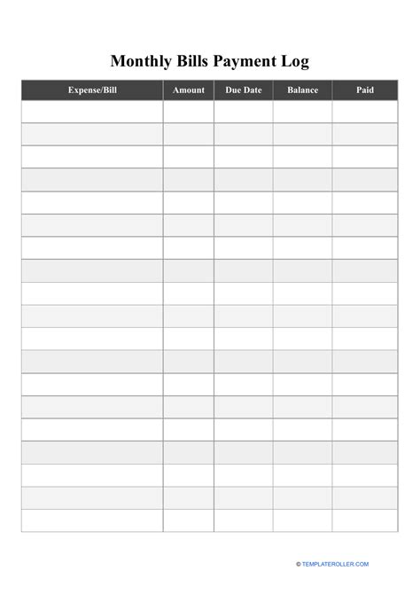 monthly bill chart template  printable  templateroller