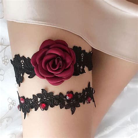 Buy 2pcs Set Wedding Garters Red Rose Lace Embroidery