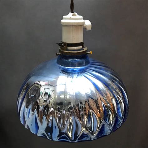 Industrial Quilted Blue Mercury Glass Pendant Light For