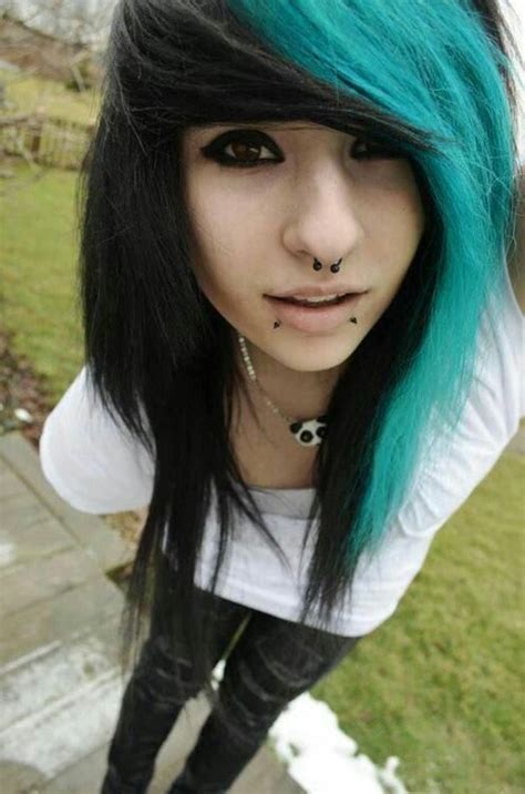 hairstyle emo punk rock girl style black turquoise blue hair pinterest