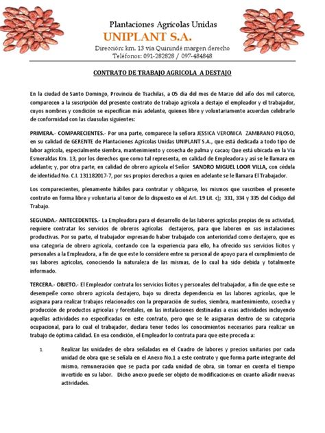 Contrato De Trabajo Agricola A Destajo Act 2014 Salary Payments