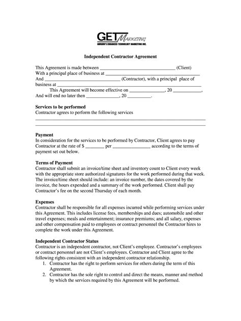 fillable  independent contractor agreementpdf independent contractor agreementpdf fax