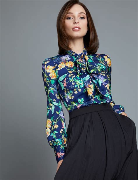 women s navy floral fitted satin shirt single cuff
