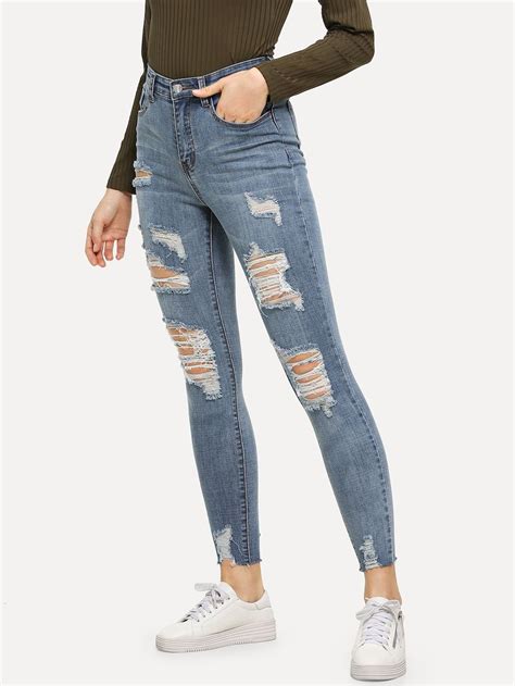 Bleach Wash Ripped Skinny Jeans Shein Sheinside In 2020 Ripped