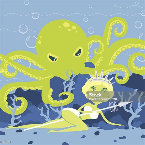 atlantean warrior sea queen vs angry octopus stock illustration