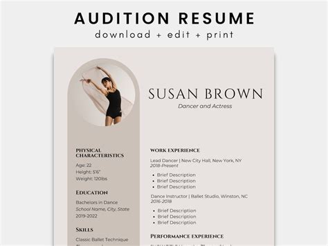dance audition resume template  canva audition headshot  cover
