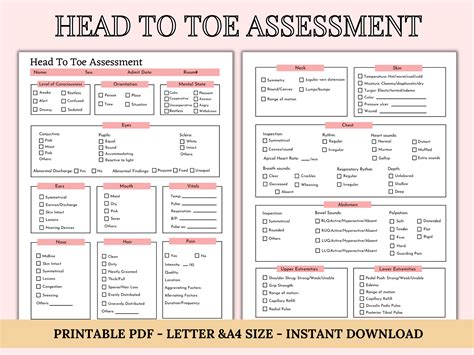 head  toe assessment template nursing checklist nursing student notes