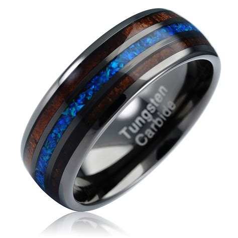 jewelry gunmetal tungsten ring  men koa wood blue opal inlaid