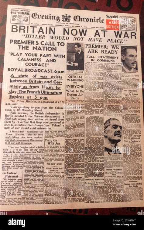 front page  evening chronicle newspaper announcing start  wwii