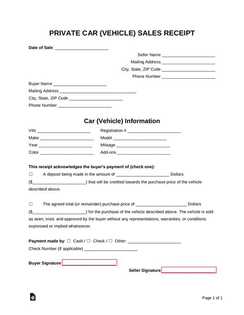 vehicle private sale receipt template  word eforms