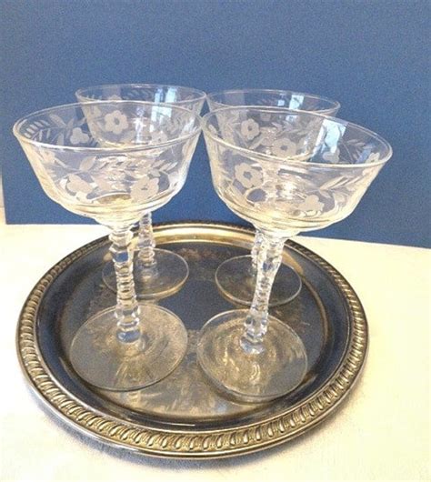 4 vintage crystal wine glasses etched flowers libbey vintage
