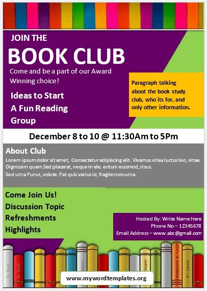 book club flyer templates  word templates