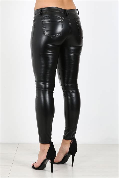 womens ladies black wet look skinny jeans pu leggings leather pvc