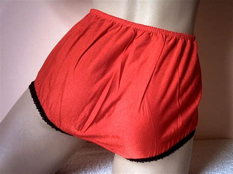 ladies sheer red nylon full cut pinup brief panties frilly knickers