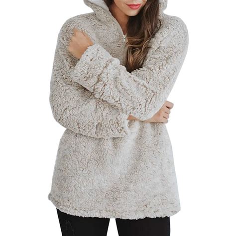 women sherpa pullover winter fleece fluffy sweater zipper turtleneck