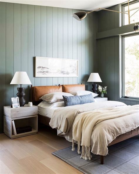 modern master bedroom decor  vertical shiplap  dark green walls