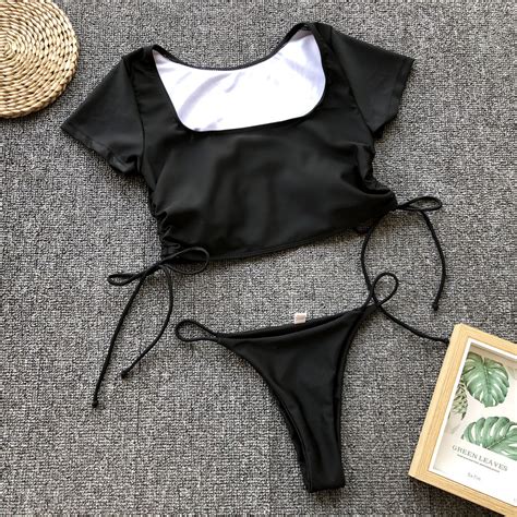 2021 thong bikinis 2019 mujer short sleeve swimsuit female