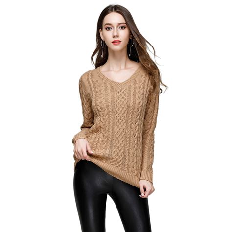 sovalro women v neck geometry cable knit sweaters long sleeve solid