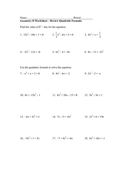 quadratic equation worksheet  answers db excelcom