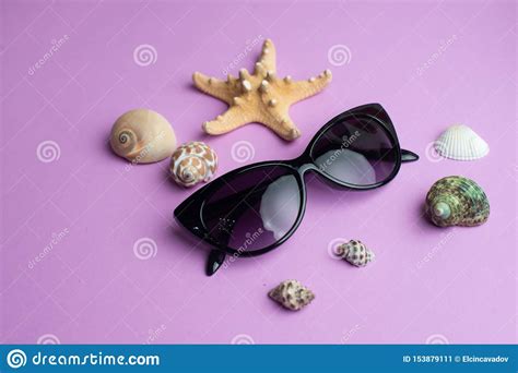 Summer Accessories Sea Exotic Shells And Sun Glasses On Violet