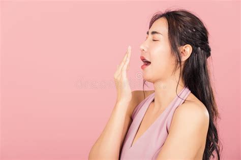 Woman Emotions Tired And Sleepy Her Yawning Covering Mouth Open Stock