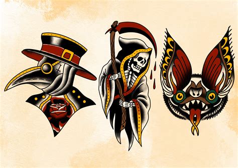 american traditional inspired tattoo flash sheet plague doctor grim