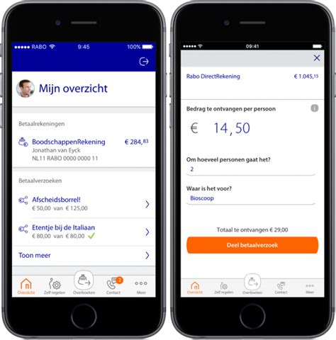 rabobank app nu met knoppenbalk en overzicht van betaalverzoeken