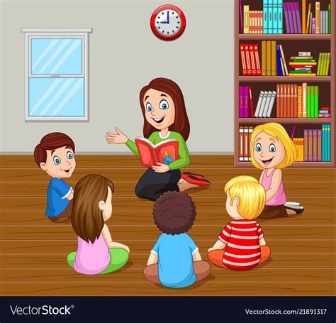 illustration  teacher telling  story  kids   classroom