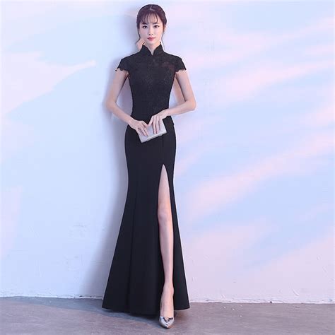 high quality black lace qipao long sexy cheongsam dress traditional