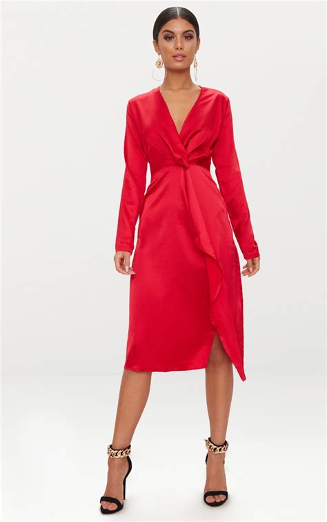 Red Satin Long Sleeve Wrap Midi Dress Prettylittlething Il