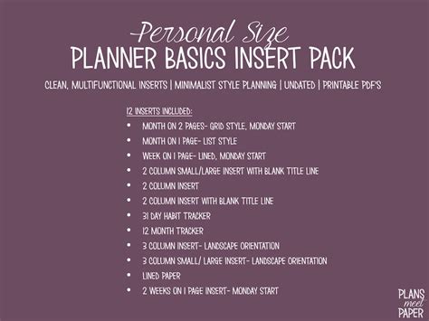 printable personal size planner basics insert pack clean etsy