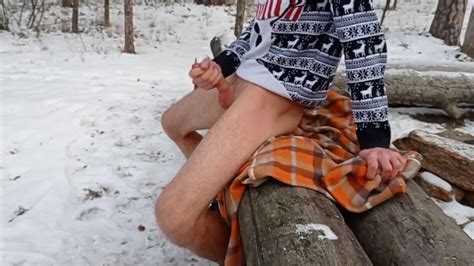 the guy jerked off and finished in the snowy forest