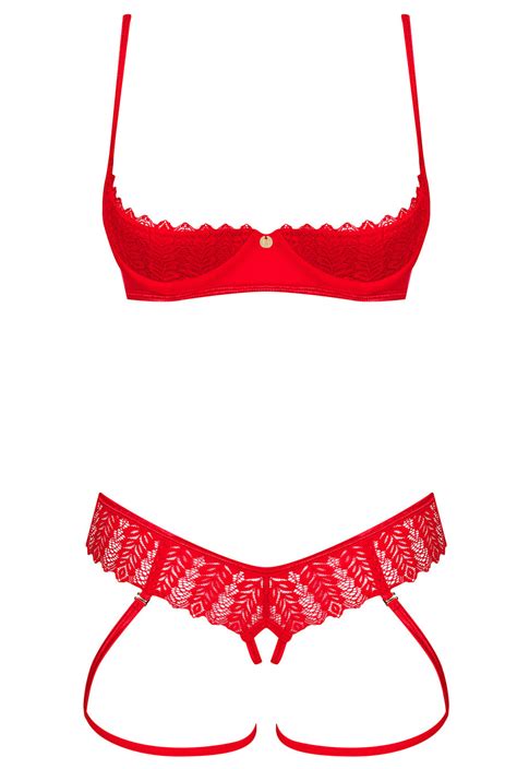 Sheer Red Lace Quarter Cup Crotchless Bra Set – Lingerie Seduction