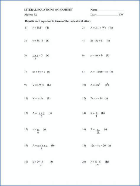 literal equations worksheet answer key literal equations worksheet