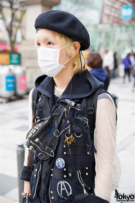 Harajuku Guy In Patched Punk Fashion W Beret And Boots